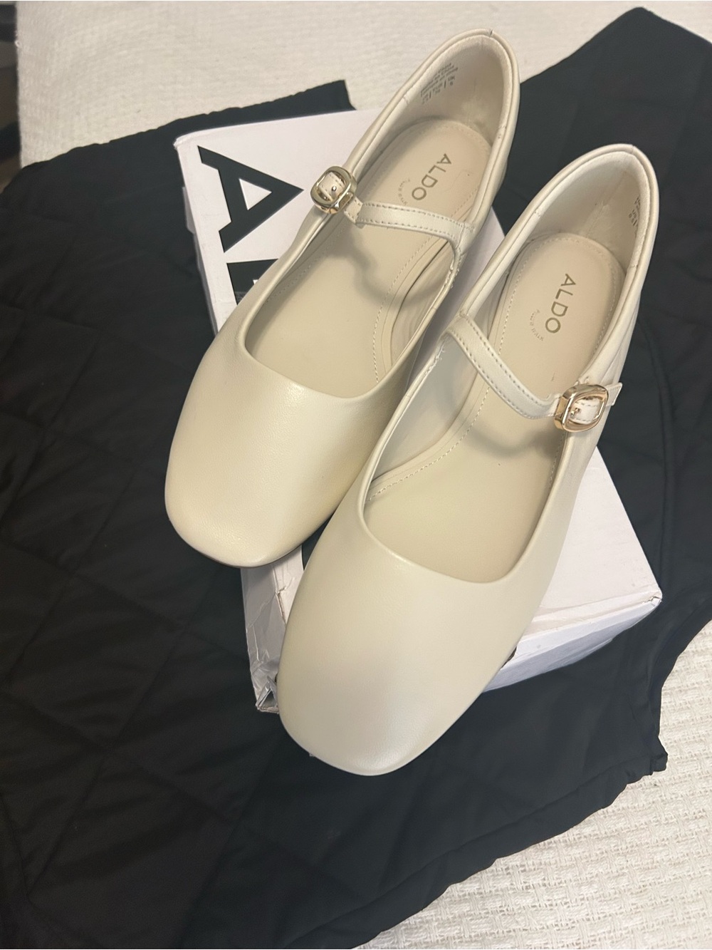 ALDO Cream Mary Jane Flats with Gold Buckle Strap